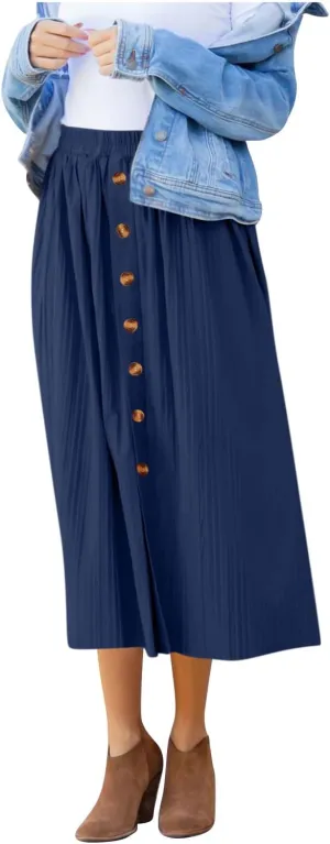 DDAPJ pyju Women's Elastic High Waist Pleated Skirt Button Down Decoration A Line Skirts Solid Color Loose Casual Maxi Skirt