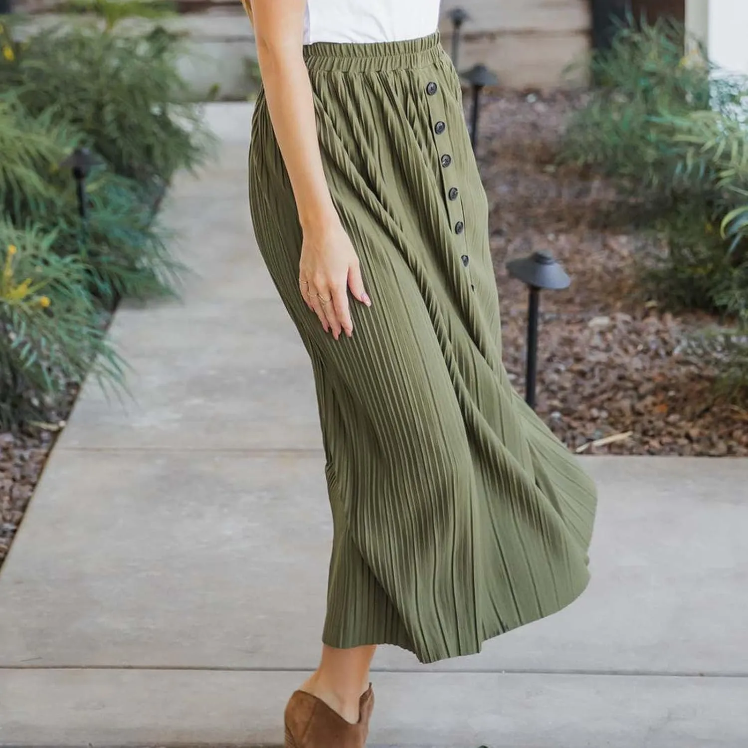 DDAPJ pyju Women's Elastic High Waist Pleated Skirt Button Down Decoration A Line Skirts Solid Color Loose Casual Maxi Skirt