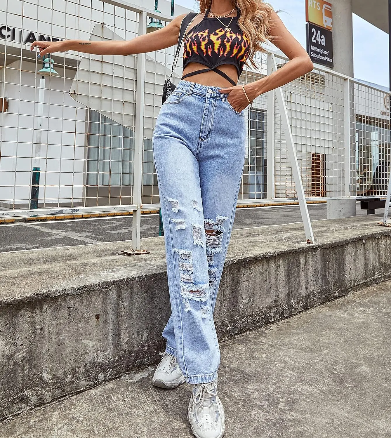 Distressed Boyfriend Jeans for Women High Waist Straight Leg Loose Destroyed Ripped Denim Pants for Teen Girl Juniors