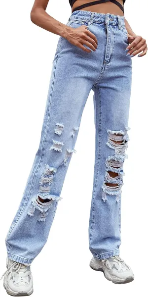 Distressed Boyfriend Jeans for Women High Waist Straight Leg Loose Destroyed Ripped Denim Pants for Teen Girl Juniors