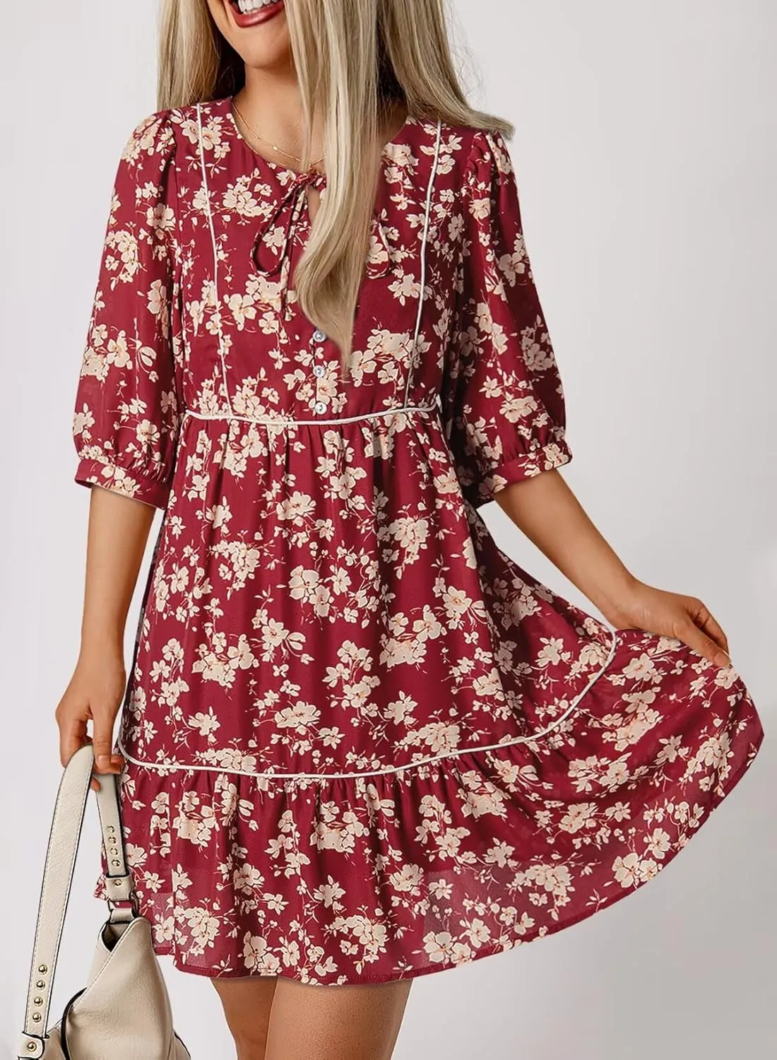 Dokotoo Womens Boho Floral Dress 2025 Summer V-Neck Half Sleeve Empire Waist Dress Flowy Mini Casual Dresses