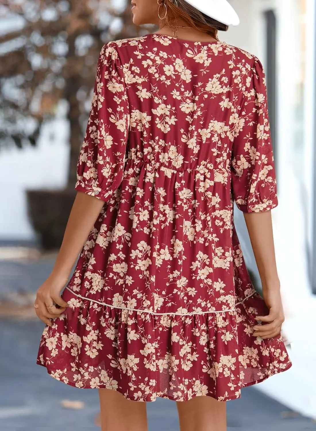 Dokotoo Womens Boho Floral Dress 2025 Summer V-Neck Half Sleeve Empire Waist Dress Flowy Mini Casual Dresses