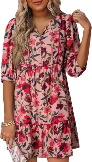 Dokotoo Womens Boho Floral Dress 2025 Summer V-Neck Half Sleeve Empire Waist Dress Flowy Mini Casual Dresses