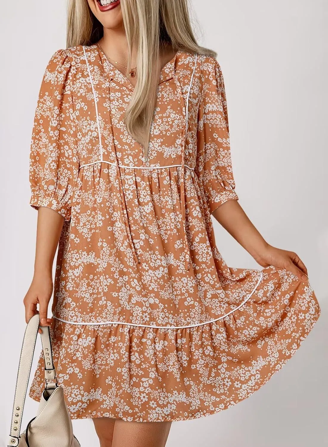 Dokotoo Womens Boho Floral Dress 2025 Summer V-Neck Half Sleeve Empire Waist Dress Flowy Mini Casual Dresses