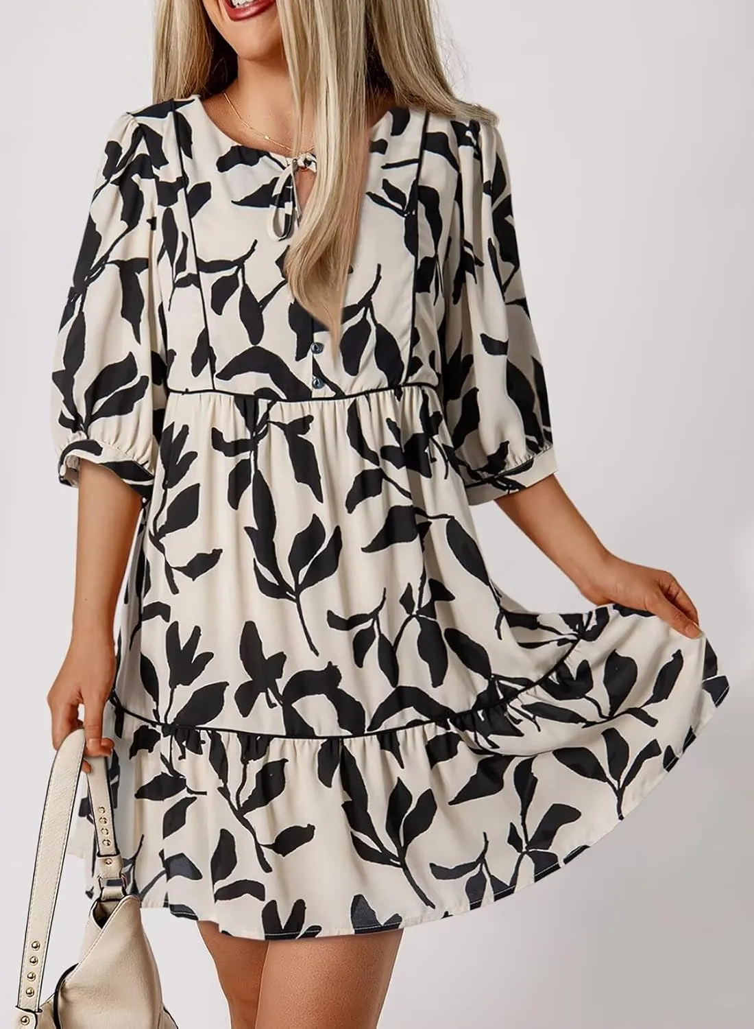 Dokotoo Womens Boho Floral Dress 2025 Summer V-Neck Half Sleeve Empire Waist Dress Flowy Mini Casual Dresses