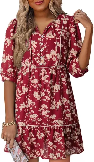 Dokotoo Womens Boho Floral Dress 2025 Summer V-Neck Half Sleeve Empire Waist Dress Flowy Mini Casual Dresses