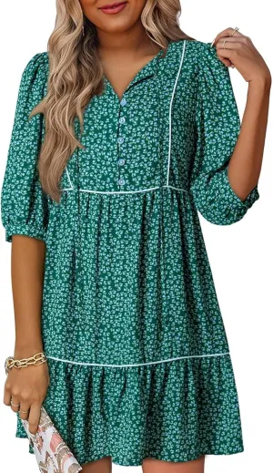 Dokotoo Womens Boho Floral Dress 2025 Summer V-Neck Half Sleeve Empire Waist Dress Flowy Mini Casual Dresses