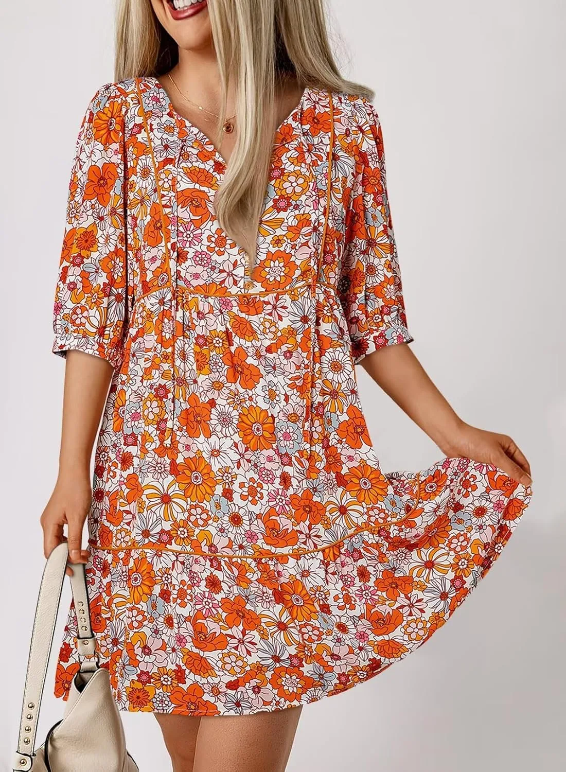 Dokotoo Womens Boho Floral Dress 2025 Summer V-Neck Half Sleeve Empire Waist Dress Flowy Mini Casual Dresses