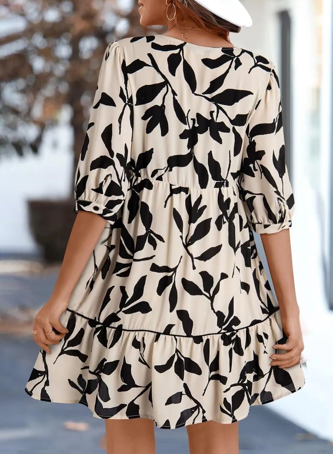 Dokotoo Womens Boho Floral Dress 2025 Summer V-Neck Half Sleeve Empire Waist Dress Flowy Mini Casual Dresses
