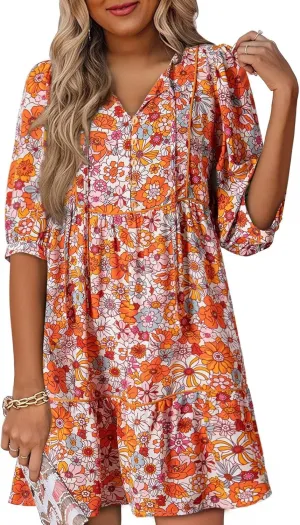 Dokotoo Womens Boho Floral Dress 2025 Summer V-Neck Half Sleeve Empire Waist Dress Flowy Mini Casual Dresses