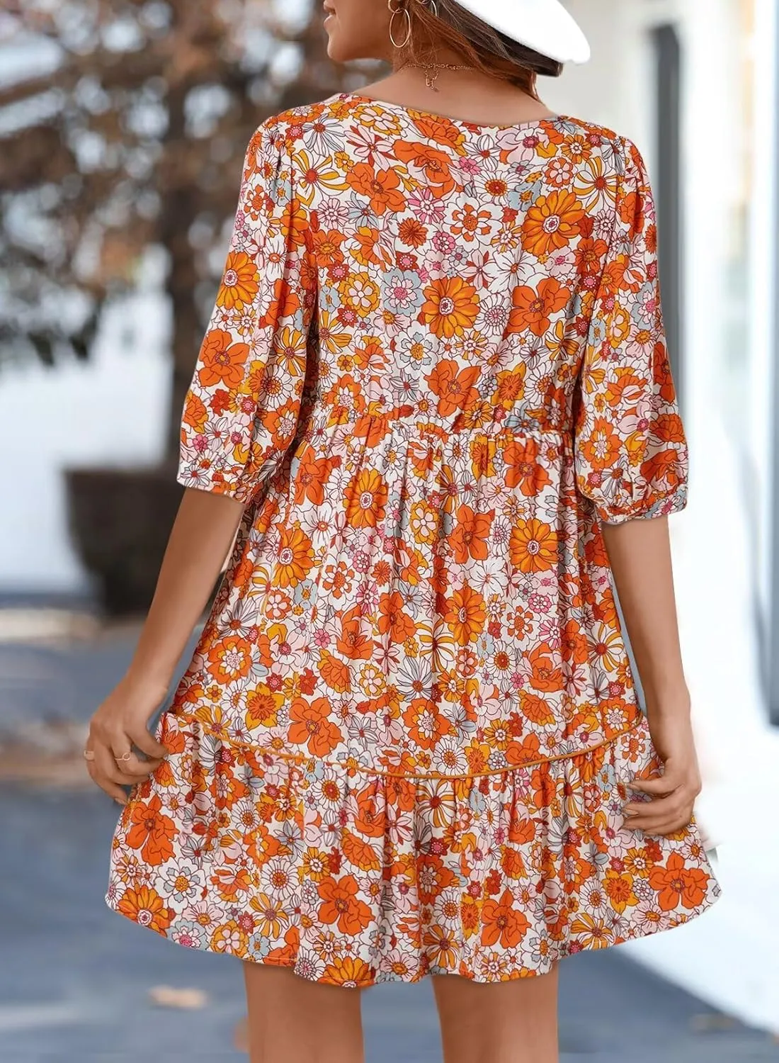 Dokotoo Womens Boho Floral Dress 2025 Summer V-Neck Half Sleeve Empire Waist Dress Flowy Mini Casual Dresses