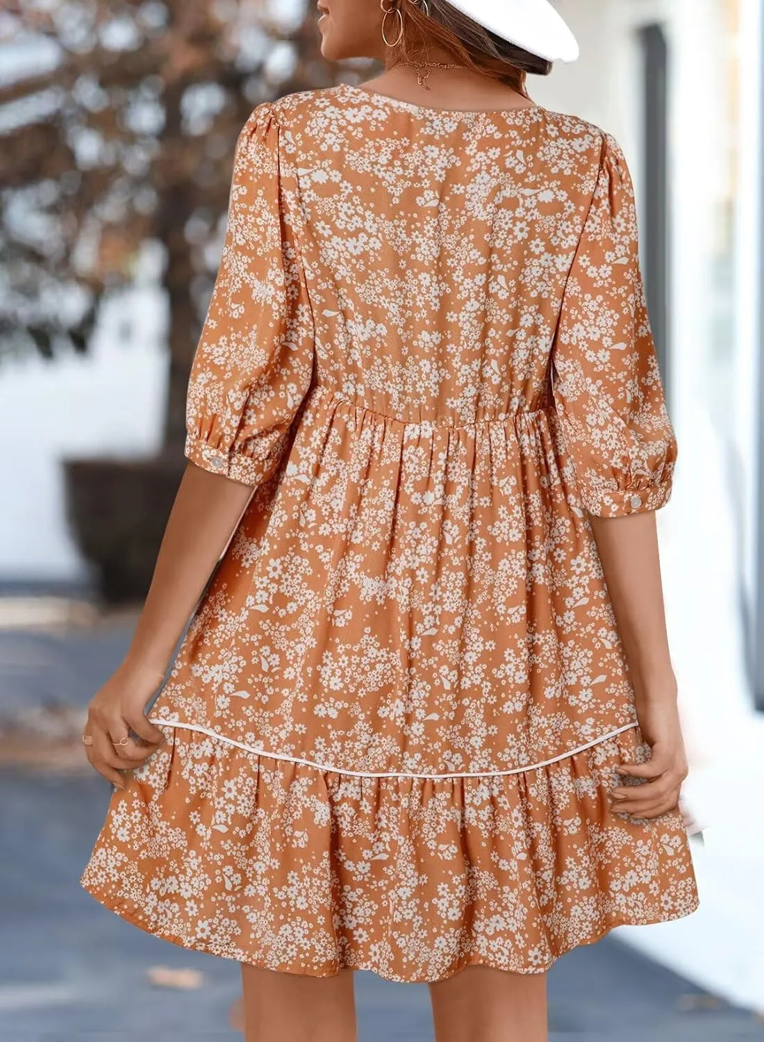 Dokotoo Womens Boho Floral Dress 2025 Summer V-Neck Half Sleeve Empire Waist Dress Flowy Mini Casual Dresses