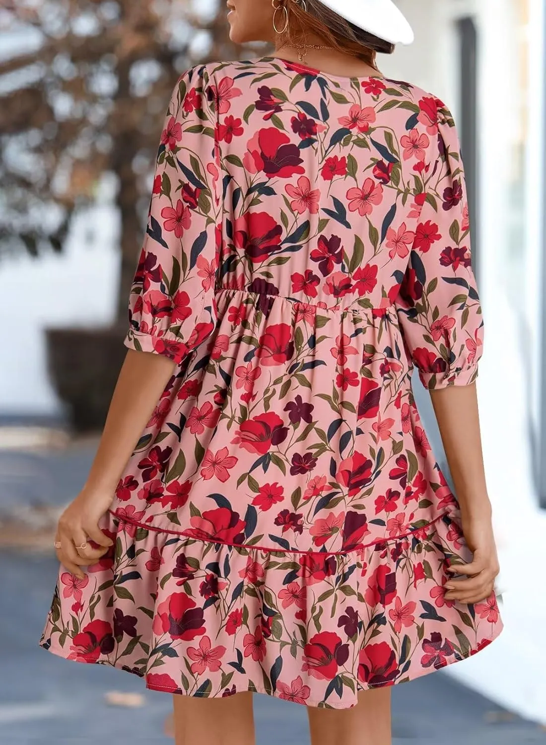 Dokotoo Womens Boho Floral Dress 2025 Summer V-Neck Half Sleeve Empire Waist Dress Flowy Mini Casual Dresses