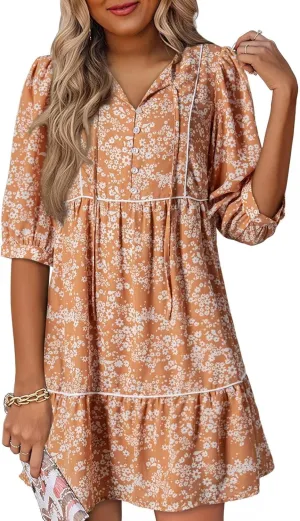Dokotoo Womens Boho Floral Dress 2025 Summer V-Neck Half Sleeve Empire Waist Dress Flowy Mini Casual Dresses