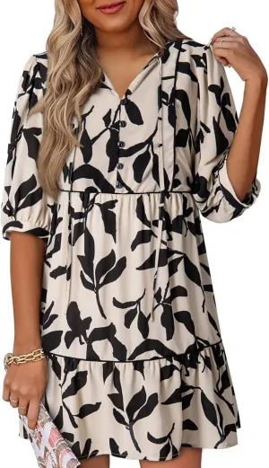Dokotoo Womens Boho Floral Dress 2025 Summer V-Neck Half Sleeve Empire Waist Dress Flowy Mini Casual Dresses