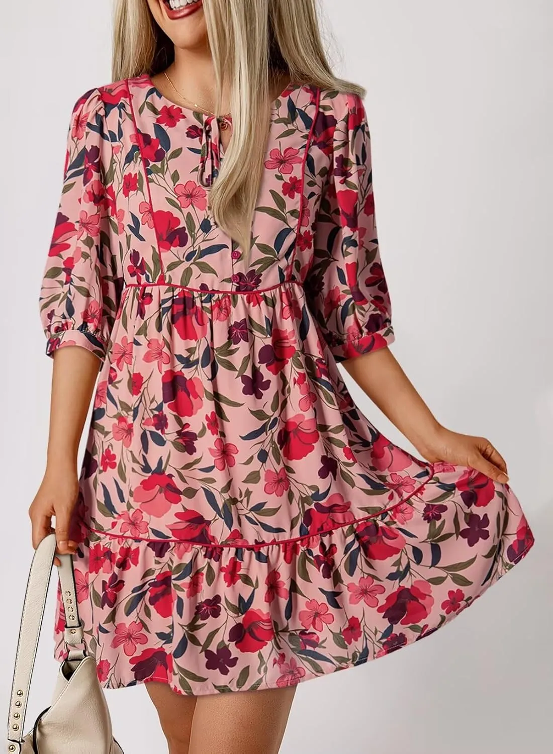 Dokotoo Womens Boho Floral Dress 2025 Summer V-Neck Half Sleeve Empire Waist Dress Flowy Mini Casual Dresses