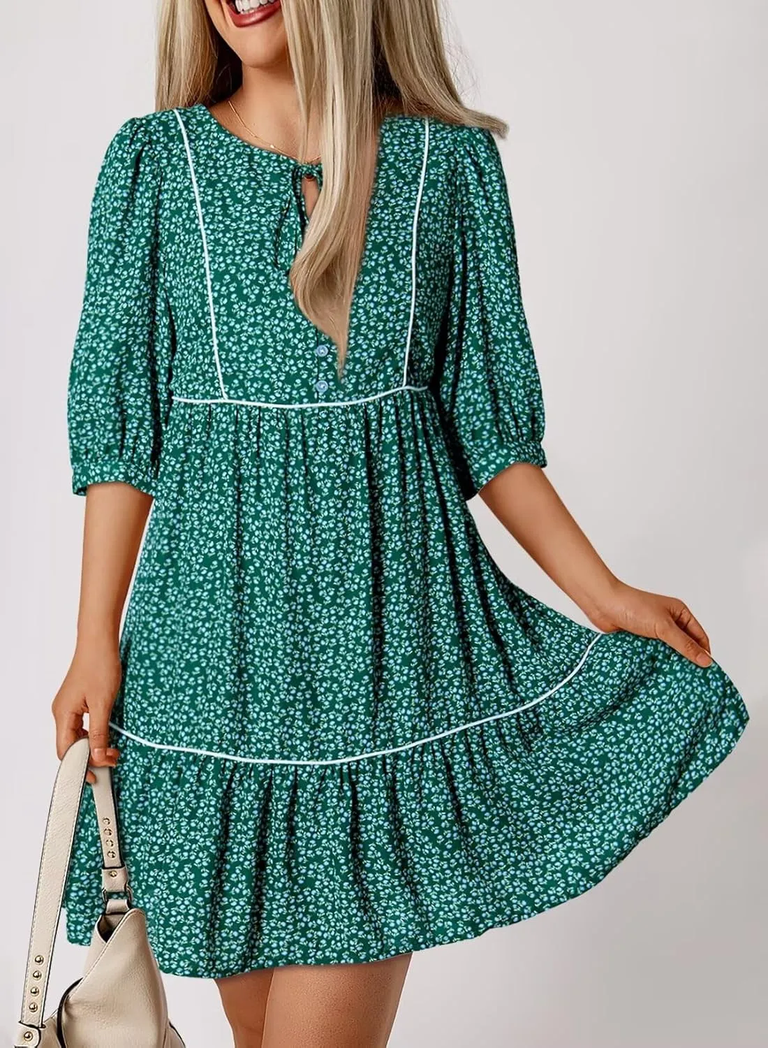 Dokotoo Womens Boho Floral Dress 2025 Summer V-Neck Half Sleeve Empire Waist Dress Flowy Mini Casual Dresses