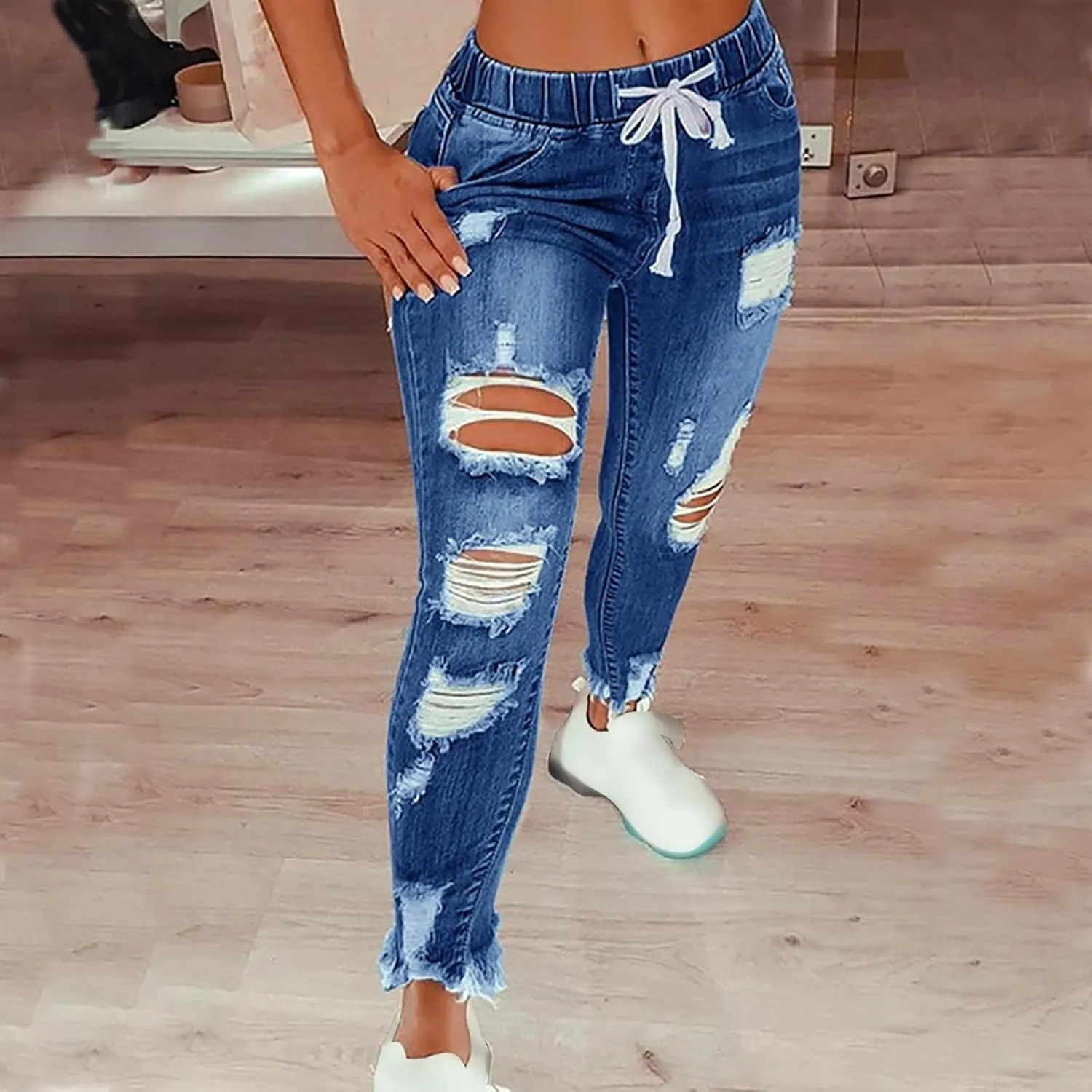 Drawstring Jeans Women Stretchy Elastic Waist Raw Hem Ripped Skinny Plus Size Pull on Denim Jeggings with Pockets