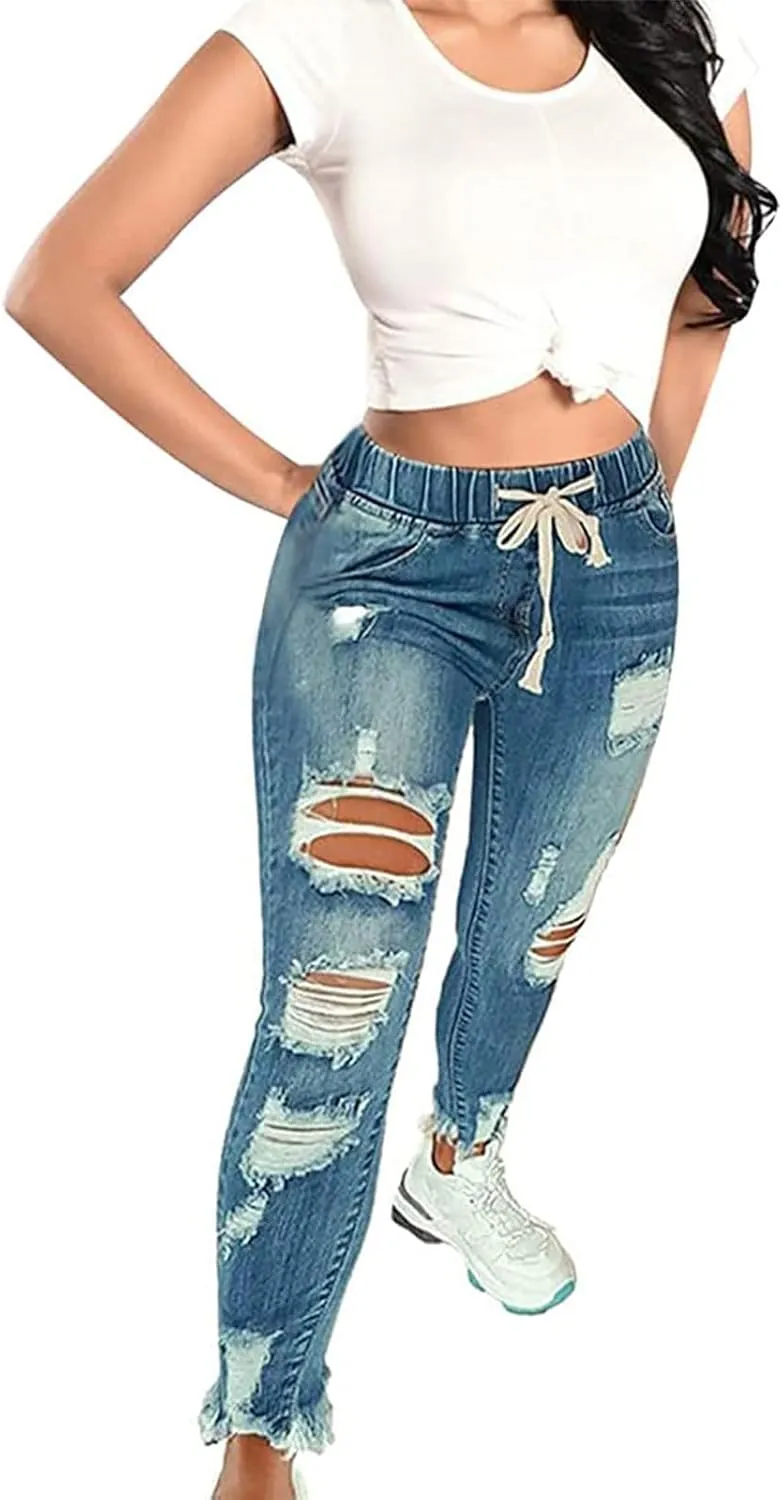 Drawstring Jeans Women Stretchy Elastic Waist Raw Hem Ripped Skinny Plus Size Pull on Denim Jeggings with Pockets