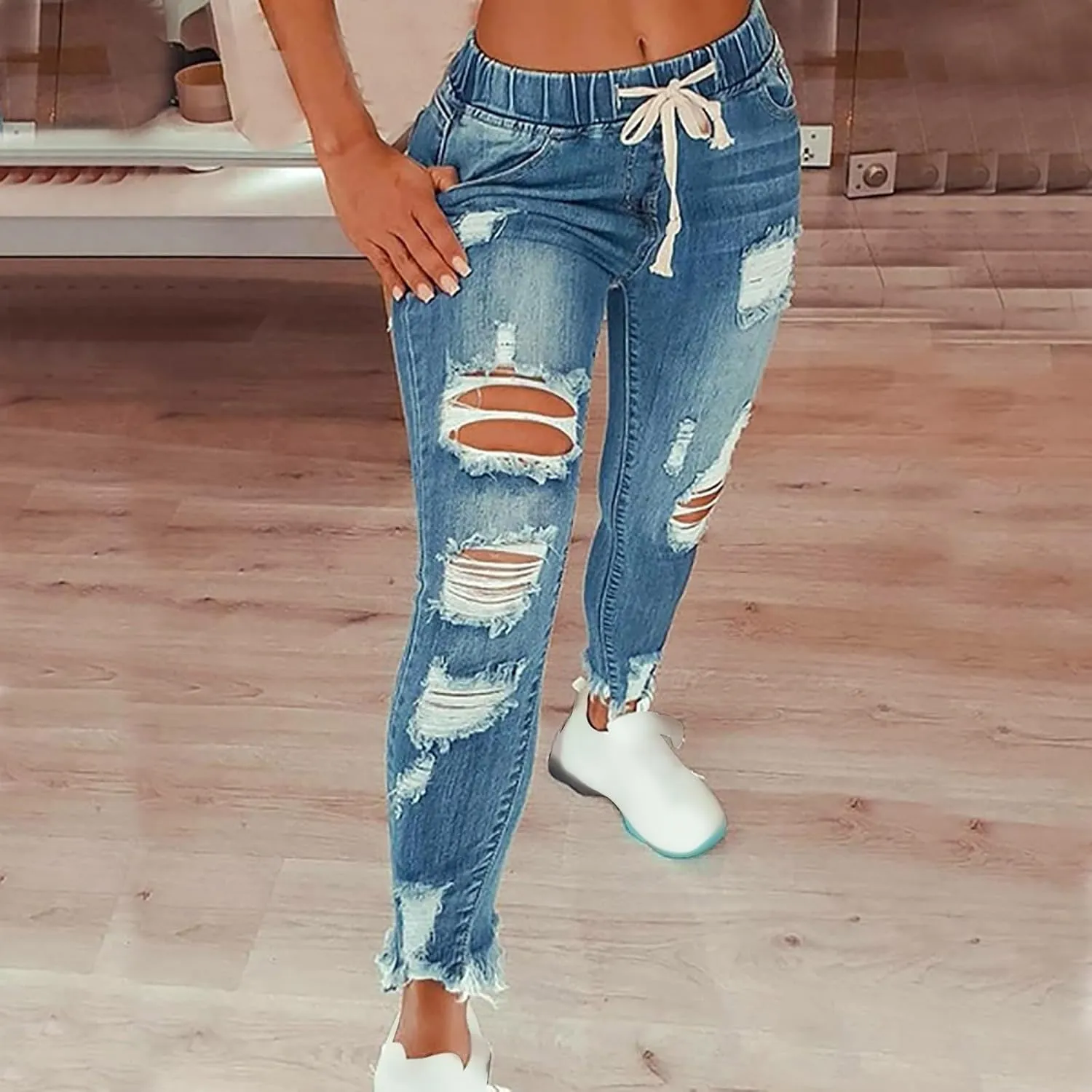 Drawstring Jeans Women Stretchy Elastic Waist Raw Hem Ripped Skinny Plus Size Pull on Denim Jeggings with Pockets