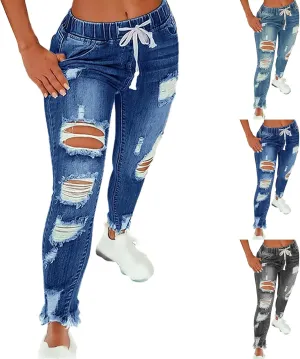 Drawstring Jeans Women Stretchy Elastic Waist Raw Hem Ripped Skinny Plus Size Pull on Denim Jeggings with Pockets
