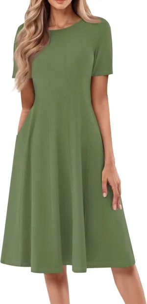 Dress for Women Summer Short Sleeve Wrap Dress Empire Waist Flower Dresses Round Neck Boho Midi Dresses with Pockets