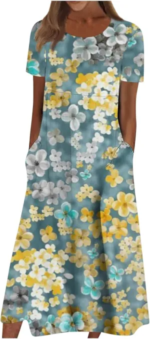 Dresses for Women 2024 Short Sleeve Printed Dresses Pleated Round Neck Maxi Dress Pocket Loose Beach Dress