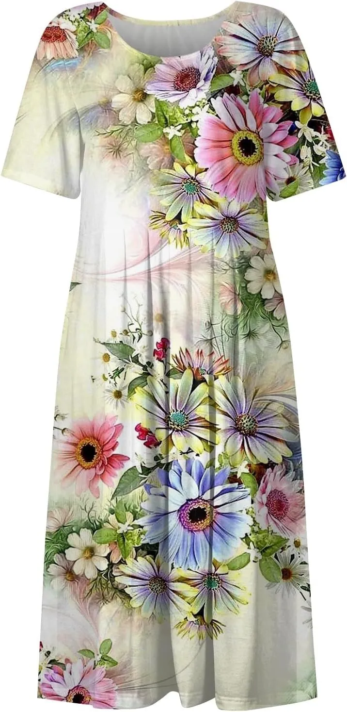 Dresses for Women 2024 Short Sleeve Printed Dresses Pleated Round Neck Maxi Dress Pocket Loose Beach Dress