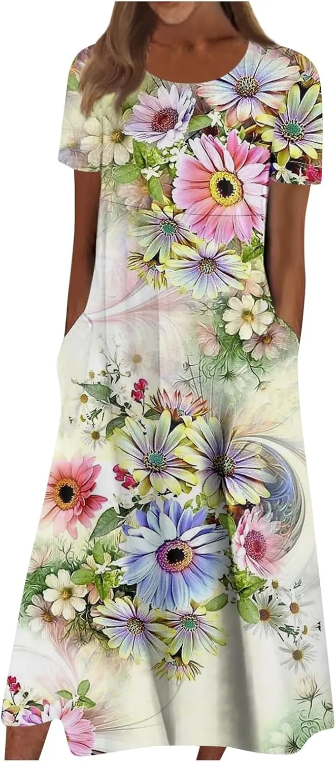 Dresses for Women 2024 Short Sleeve Printed Dresses Pleated Round Neck Maxi Dress Pocket Loose Beach Dress