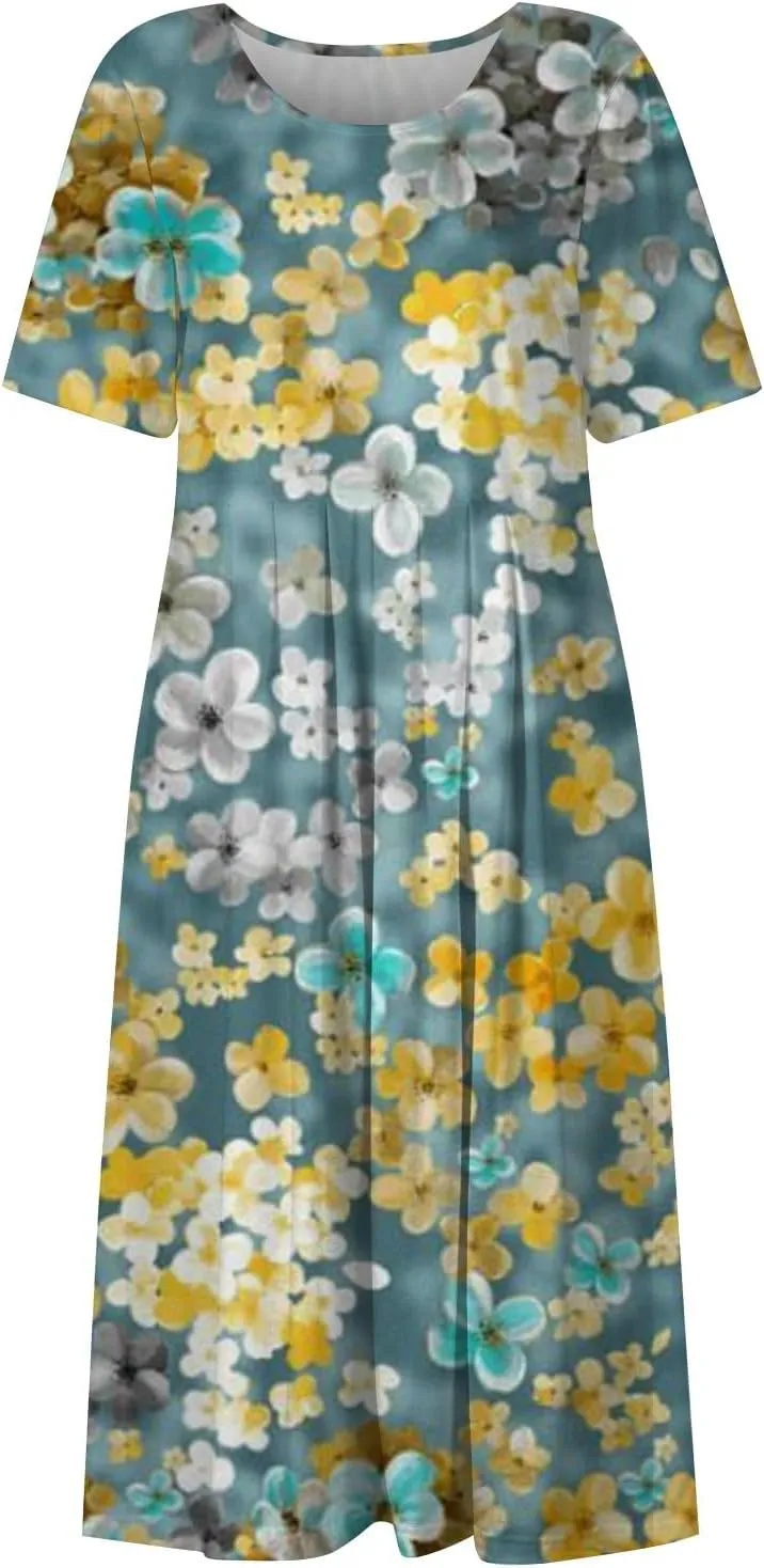 Dresses for Women 2024 Short Sleeve Printed Dresses Pleated Round Neck Maxi Dress Pocket Loose Beach Dress