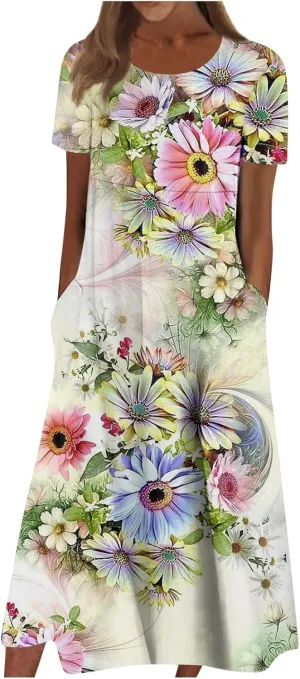 Dresses for Women 2024 Short Sleeve Printed Dresses Pleated Round Neck Maxi Dress Pocket Loose Beach Dress