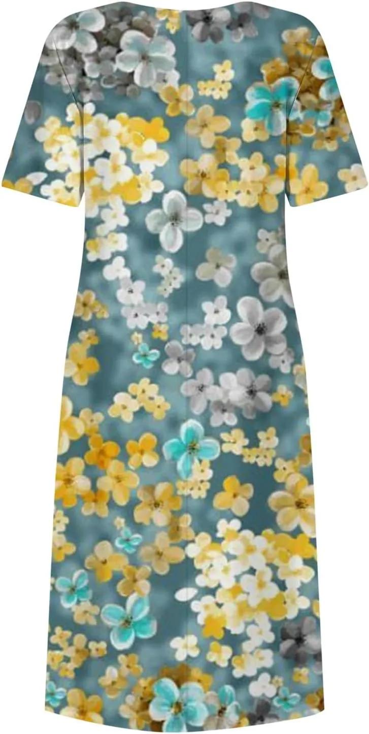 Dresses for Women 2024 Short Sleeve Printed Dresses Pleated Round Neck Maxi Dress Pocket Loose Beach Dress