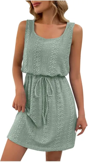 Dresses for Women 2025 Beach Solid Drawstring Waist Hollow Out Sleeveless Dress Eyelet Sleeveless Square Neck Dress