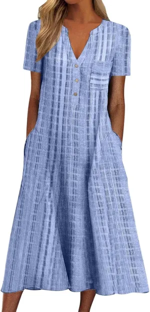 Dresses for Women 2025 Pocket Floral Printed Dresses Button Down Half Sleeve Maxi Dress V Neck Trendy Beach Dress