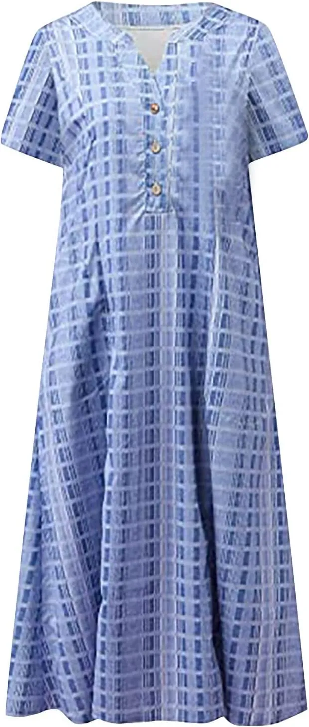Dresses for Women 2025 Pocket Floral Printed Dresses Button Down Half Sleeve Maxi Dress V Neck Trendy Beach Dress