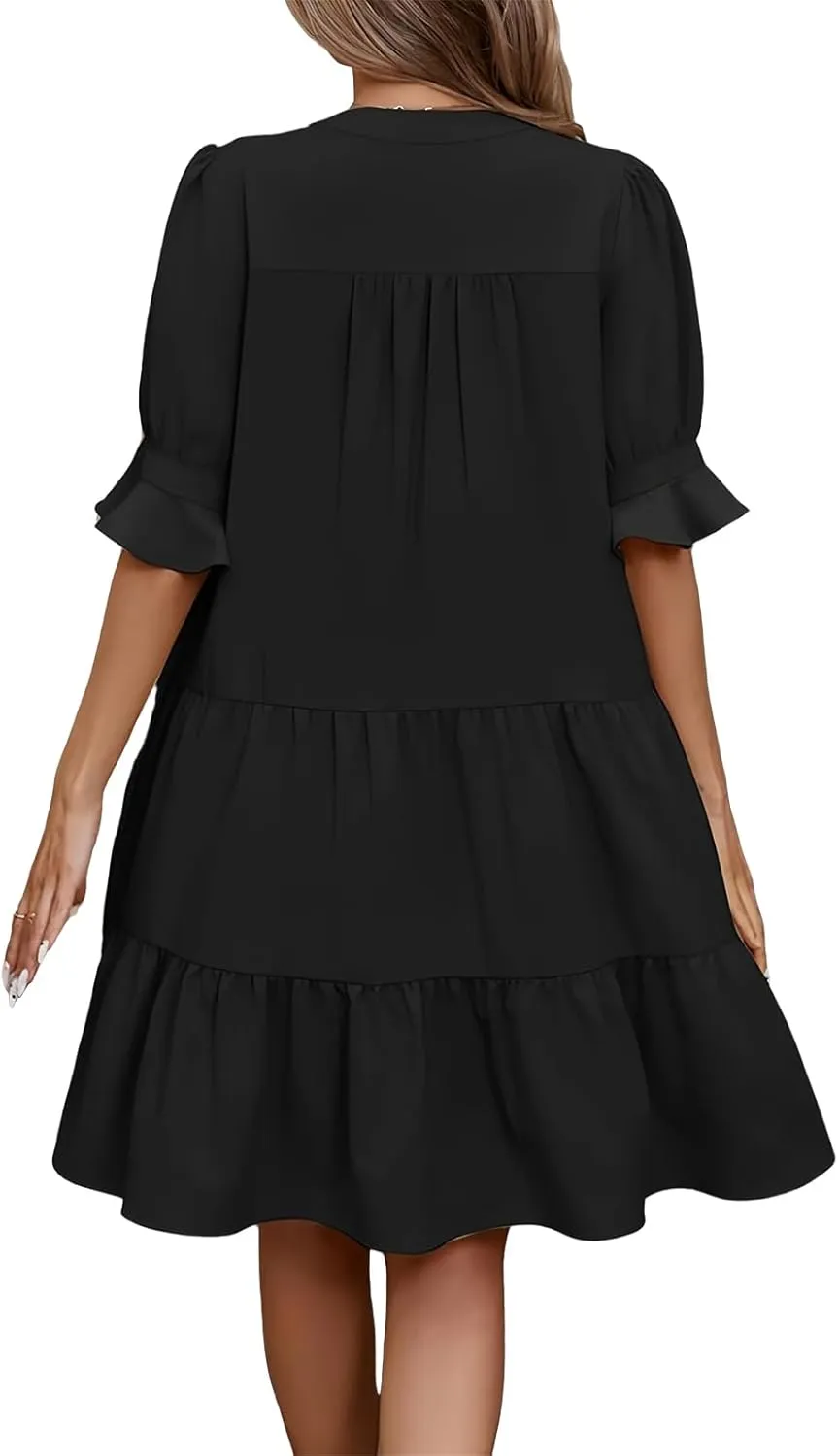 Dresses for Women 2025 Ruffle Short Sleeve V Neck Dress Tiered Flowy Ruched Hem Dresses Summer Elegant Waist Dress