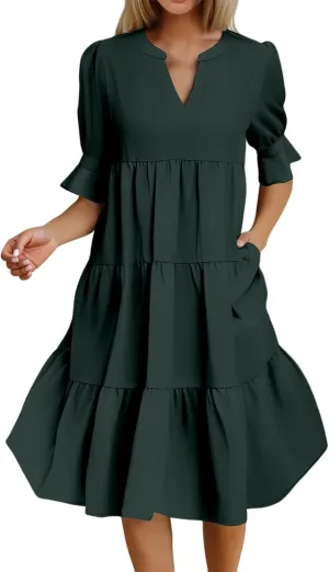 Dresses for Women 2025 Ruffle Short Sleeve V Neck Dress Tiered Flowy Ruched Hem Dresses Summer Elegant Waist Dress