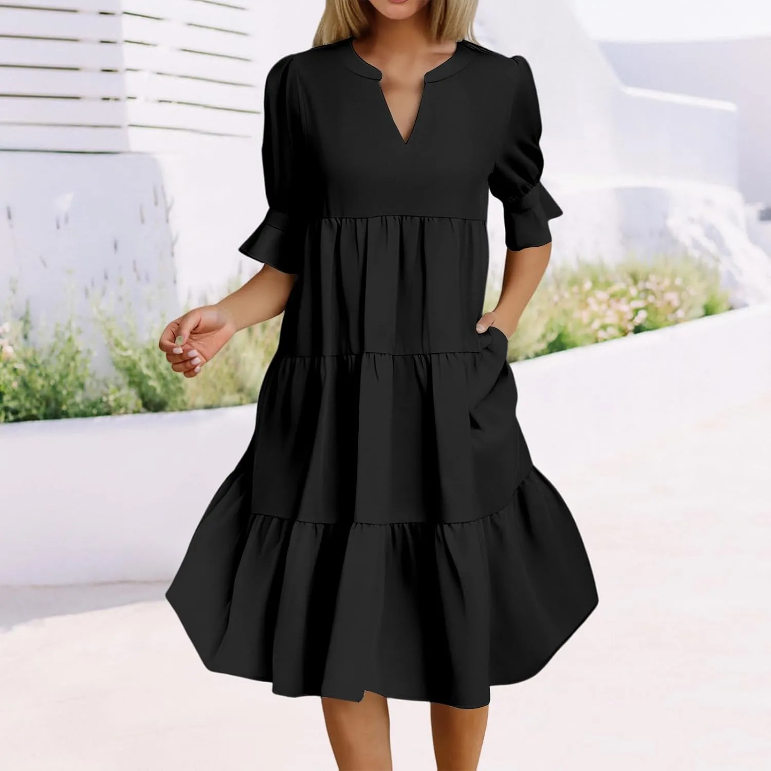 Dresses for Women 2025 Ruffle Short Sleeve V Neck Dress Tiered Flowy Ruched Hem Dresses Summer Elegant Waist Dress