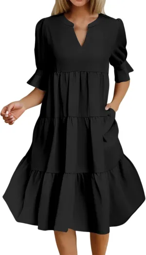 Dresses for Women 2025 Ruffle Short Sleeve V Neck Dress Tiered Flowy Ruched Hem Dresses Summer Elegant Waist Dress