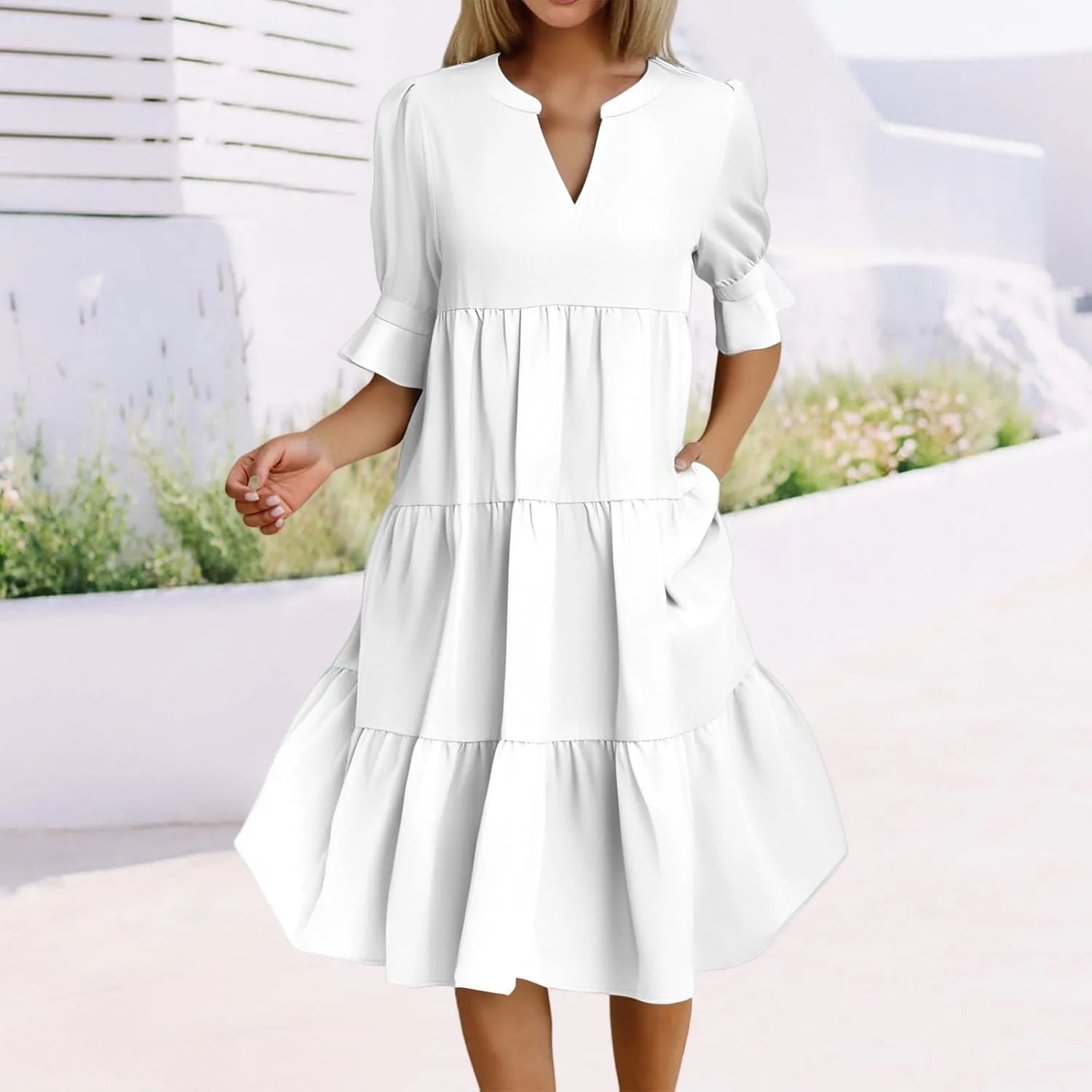 Dresses for Women 2025 Ruffle Short Sleeve V Neck Dress Tiered Flowy Ruched Hem Dresses Summer Elegant Waist Dress