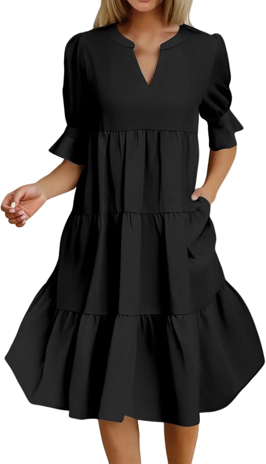Dresses for Women 2025 Ruffle Short Sleeve V Neck Dress Tiered Flowy Ruched Hem Dresses Summer Elegant Waist Dress
