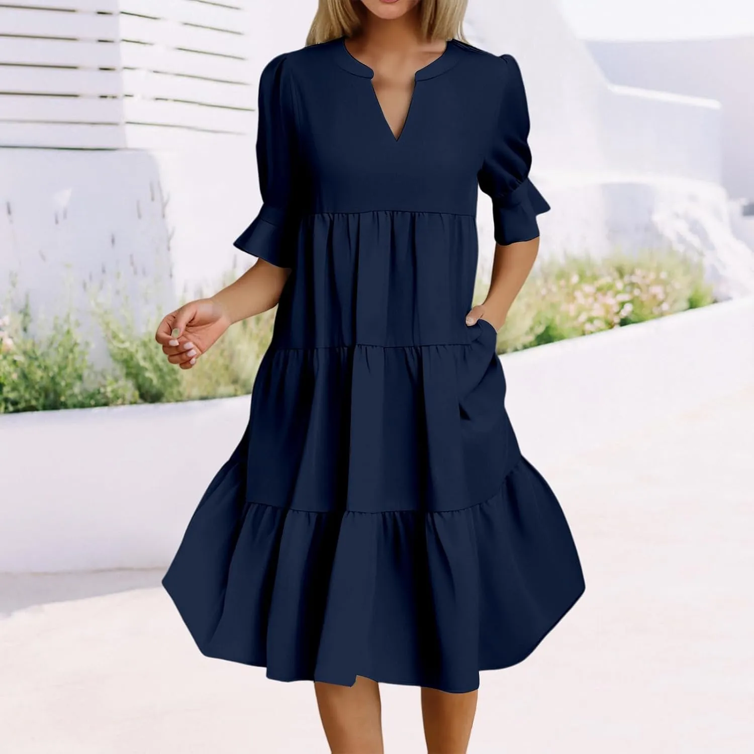 Dresses for Women 2025 Ruffle Short Sleeve V Neck Dress Tiered Flowy Ruched Hem Dresses Summer Elegant Waist Dress