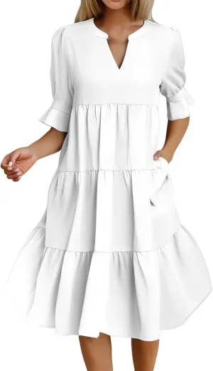 Dresses for Women 2025 Ruffle Short Sleeve V Neck Dress Tiered Flowy Ruched Hem Dresses Summer Elegant Waist Dress