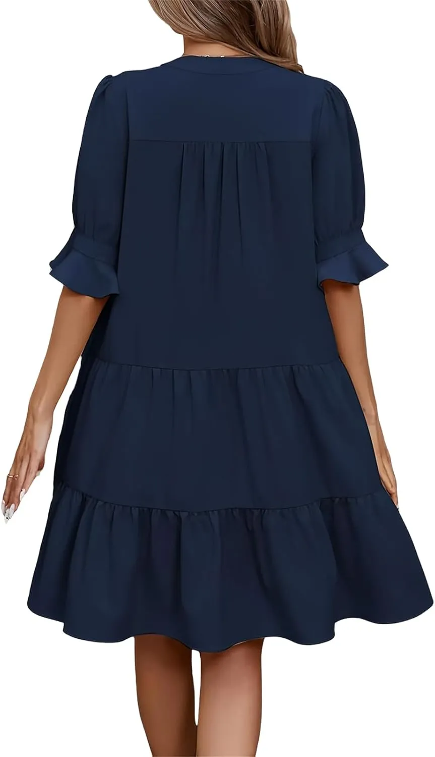 Dresses for Women 2025 Ruffle Short Sleeve V Neck Dress Tiered Flowy Ruched Hem Dresses Summer Elegant Waist Dress