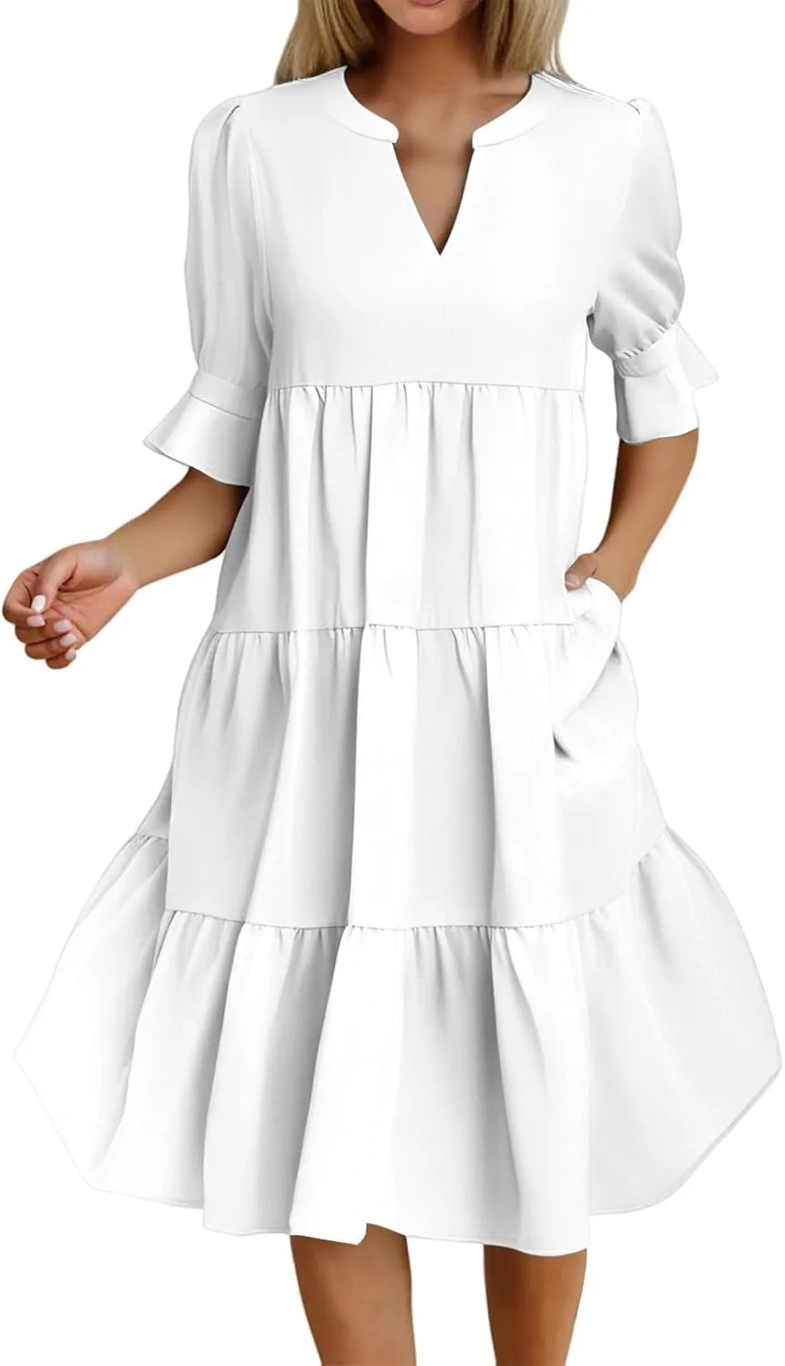Dresses for Women 2025 Ruffle Short Sleeve V Neck Dress Tiered Flowy Ruched Hem Dresses Summer Elegant Waist Dress