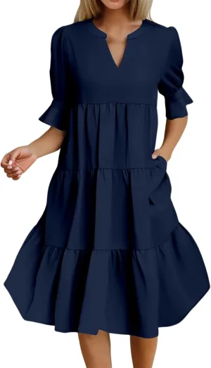 Dresses for Women 2025 Ruffle Short Sleeve V Neck Dress Tiered Flowy Ruched Hem Dresses Summer Elegant Waist Dress