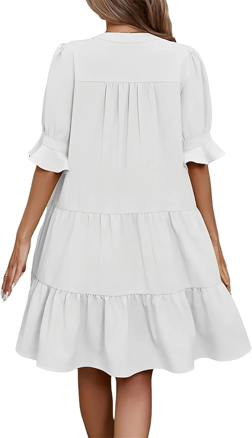 Dresses for Women 2025 Ruffle Short Sleeve V Neck Dress Tiered Flowy Ruched Hem Dresses Summer Elegant Waist Dress