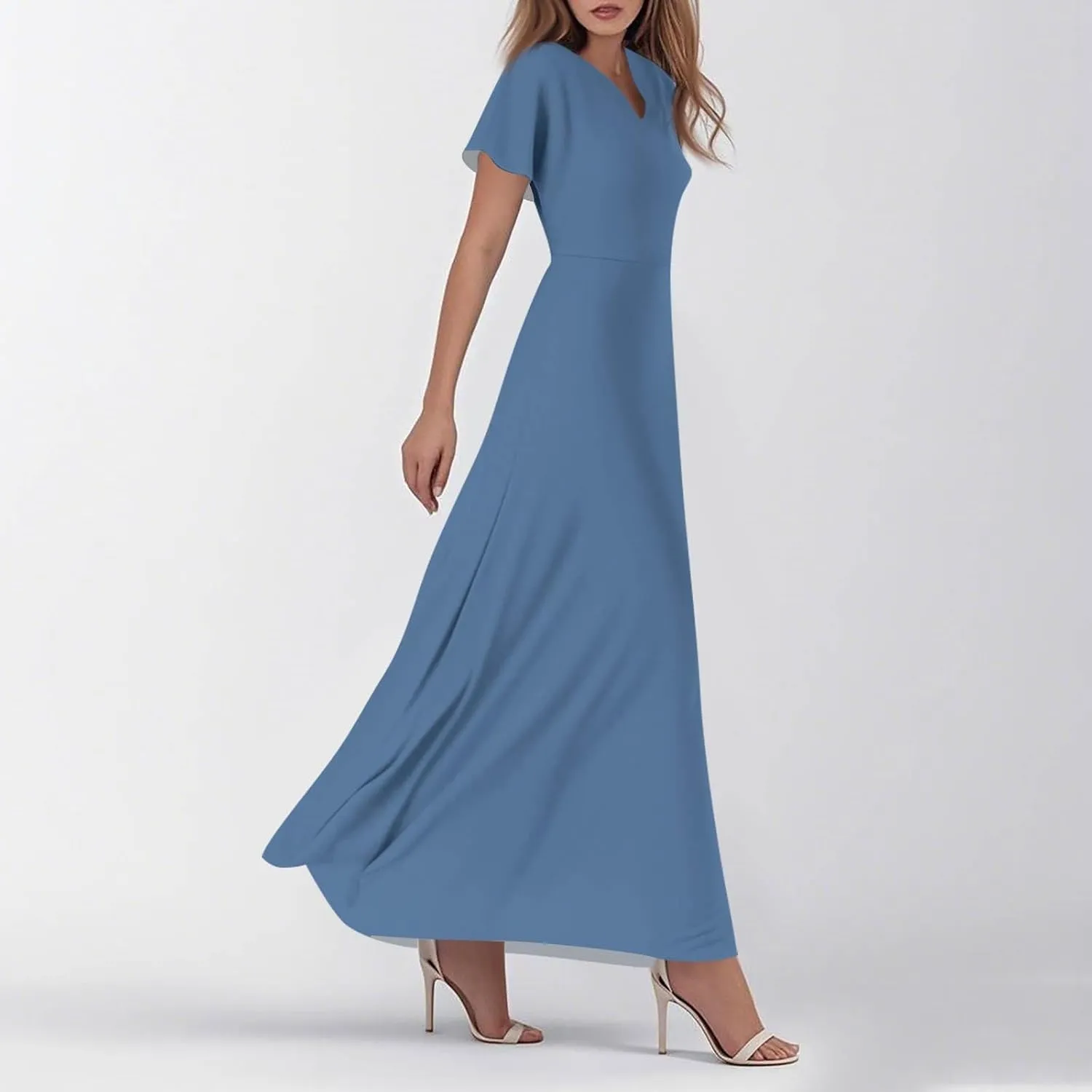 Dresses for Women Casual Solid Color V-Neck Short Sleeve Swing Long Maxi Dress Beach Sundress