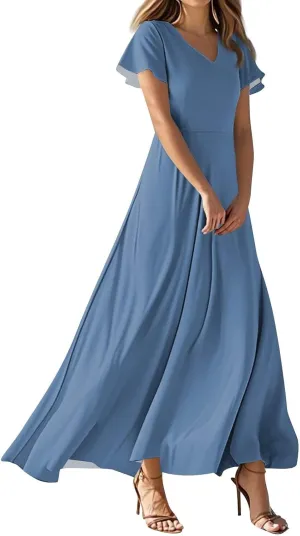Dresses for Women Casual Solid Color V-Neck Short Sleeve Swing Long Maxi Dress Beach Sundress