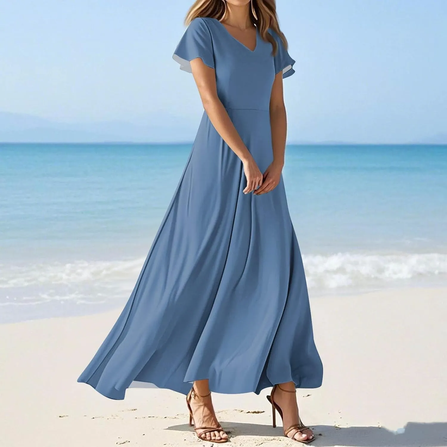 Dresses for Women Casual Solid Color V-Neck Short Sleeve Swing Long Maxi Dress Beach Sundress